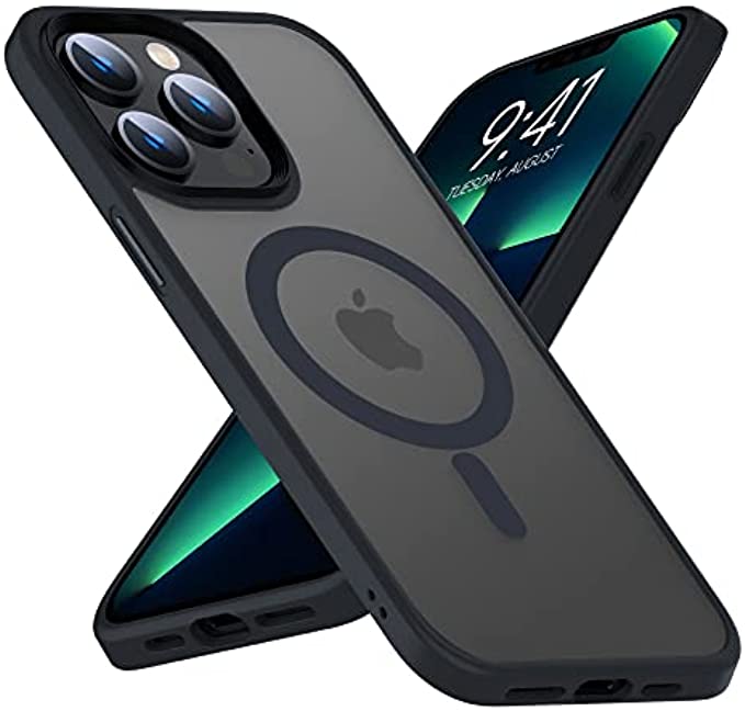 Mgnaooi Magnetic Case for iPhone 13 Pro Max Case [MIL-Grade Drop Tested &amp; Compatible with MagSafe] Translucent Matte Back with Aluminum Alloy Keys, Anti-Fingerprint Anti-Scratch 6.7 Inch, Black